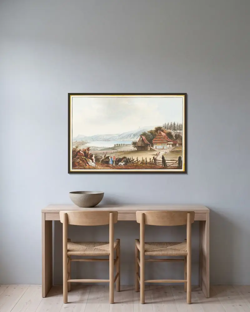 Utsikt över Zugsjön nära Buonas, kantonen Zug av Caspar Wolf inramad på en vägg