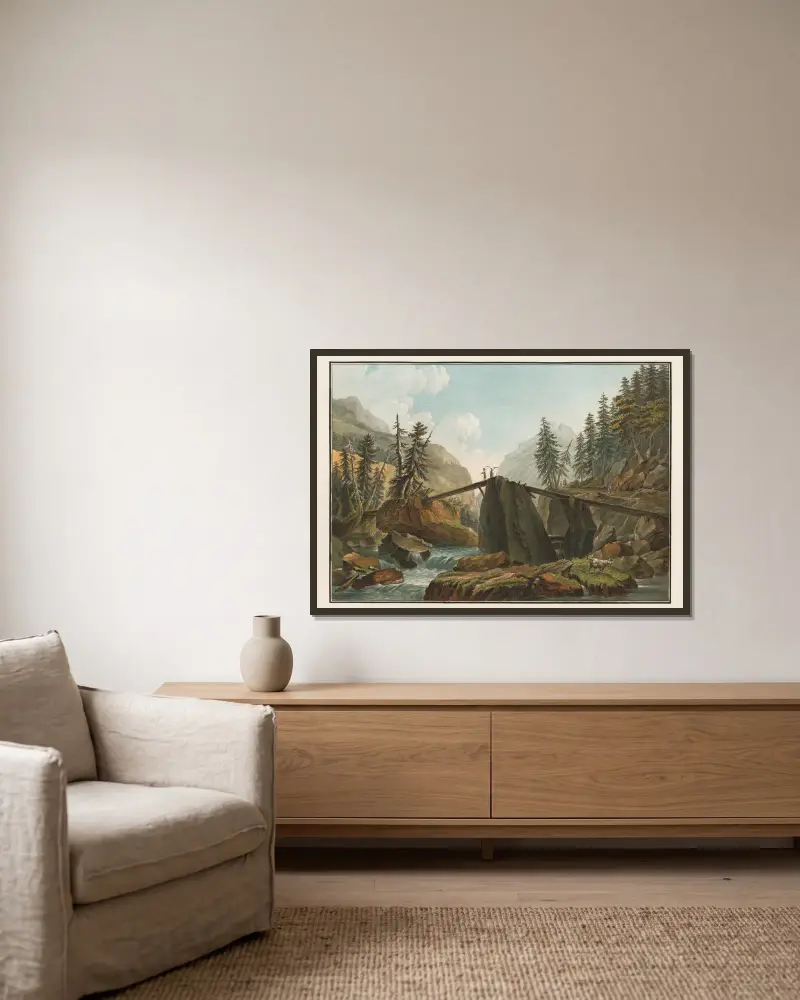 Vue d’un Pont sur la Lutschinen av Caspar Wolf inramad på en vägg