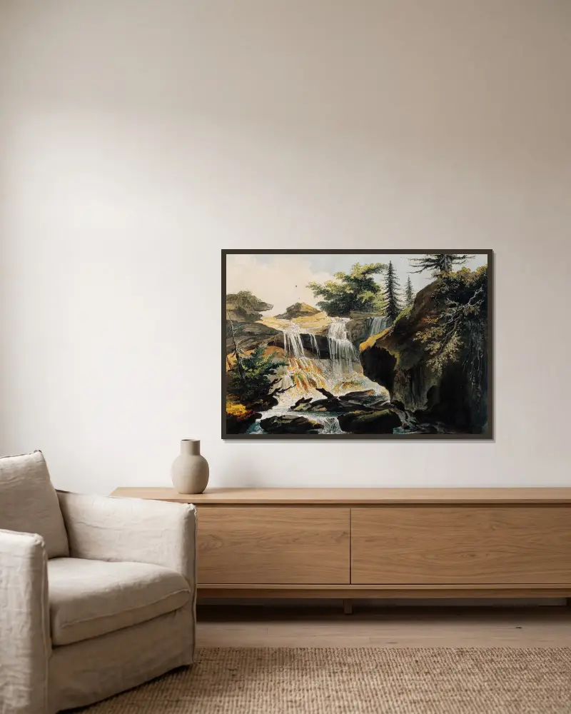 Wasserfall im Tobel bei Muri av Caspar Wolf inramad på en vägg