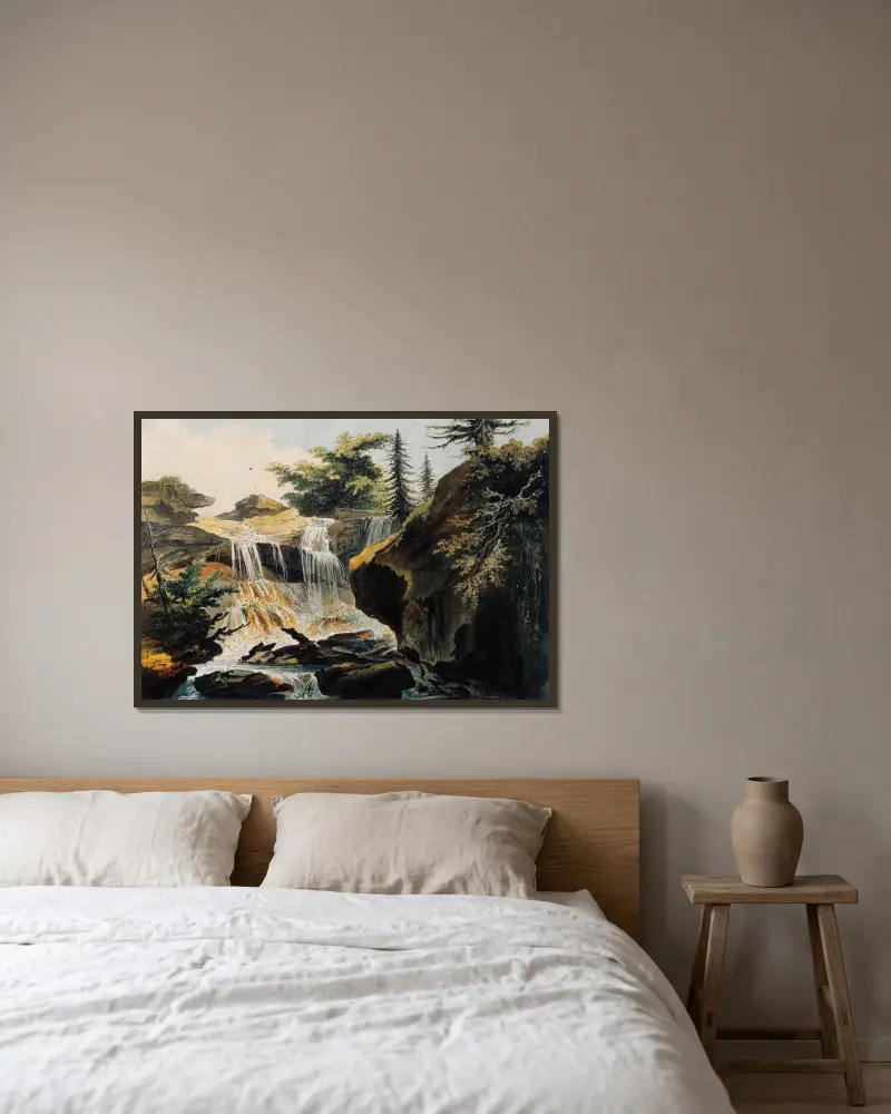 Wasserfall im Tobel bei Muri av Caspar Wolf inramad på en vägg