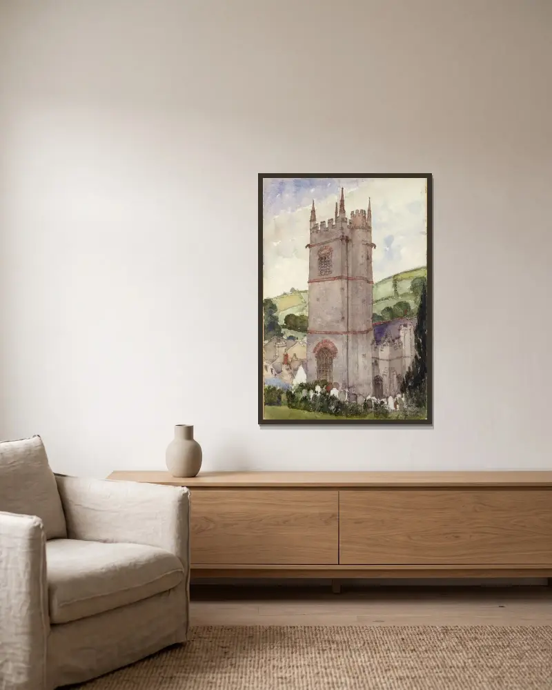 Kirchturm, Marldon von Cass Gilbert gerahmt an einer Wand