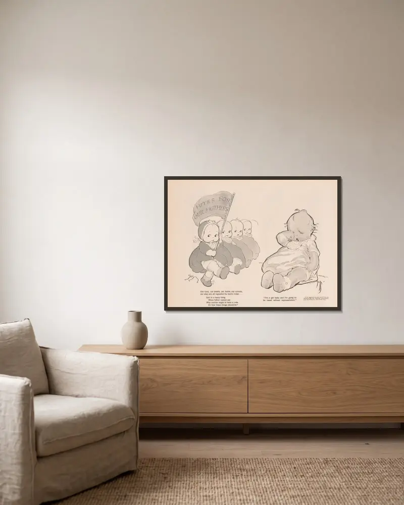 Suffragetten-Kewpies von Rose Cecil O'Neill gerahmt an einer Wand