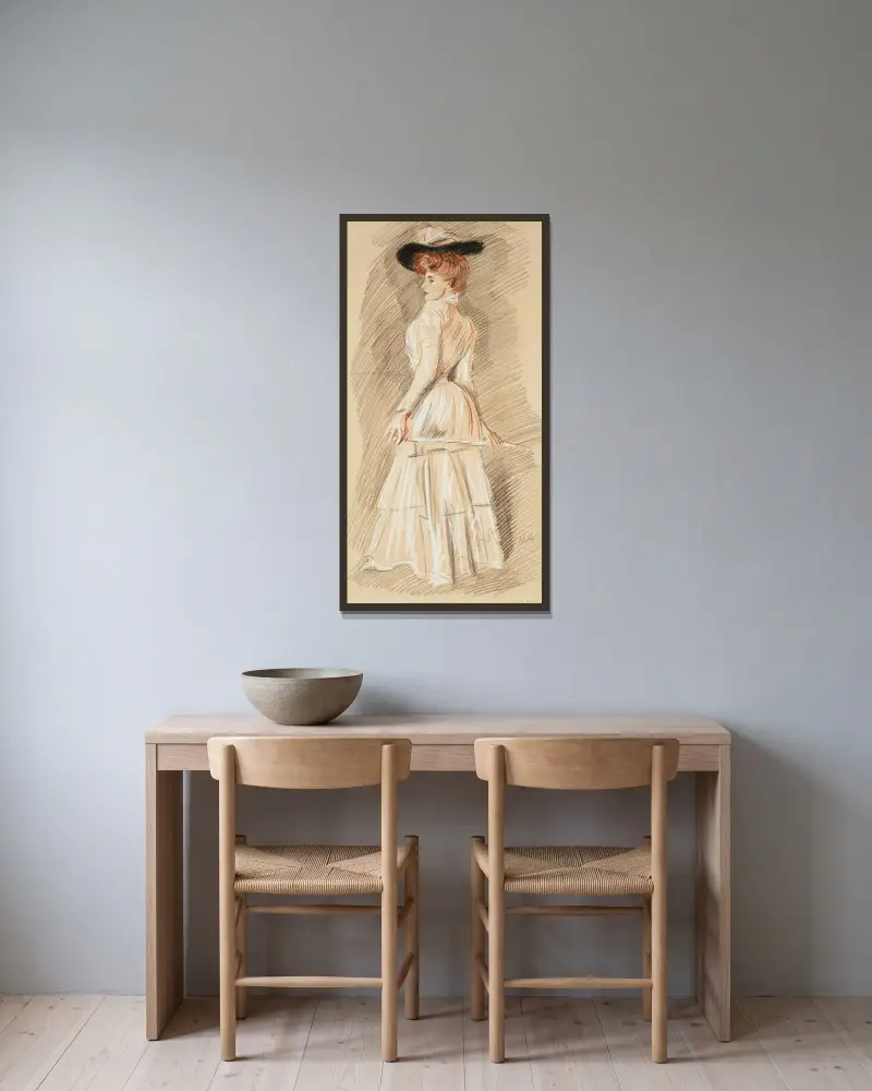 Elegant dam med käpp av Paul César Helleu inramad på en vägg