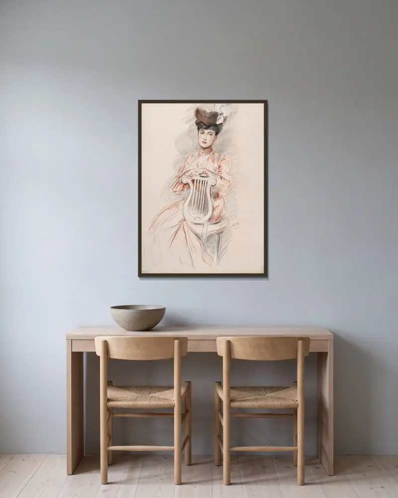 Elegant kvinna vid lyra-stol av Paul César Helleu inramad på en vägg