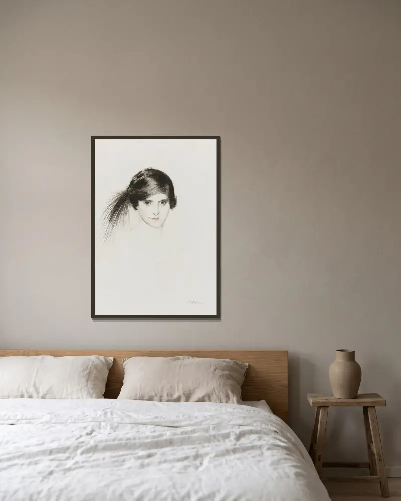 Porträtt av Helena Rubinstein med ägretfjädrar av Paul César Helleu inramad på en vägg