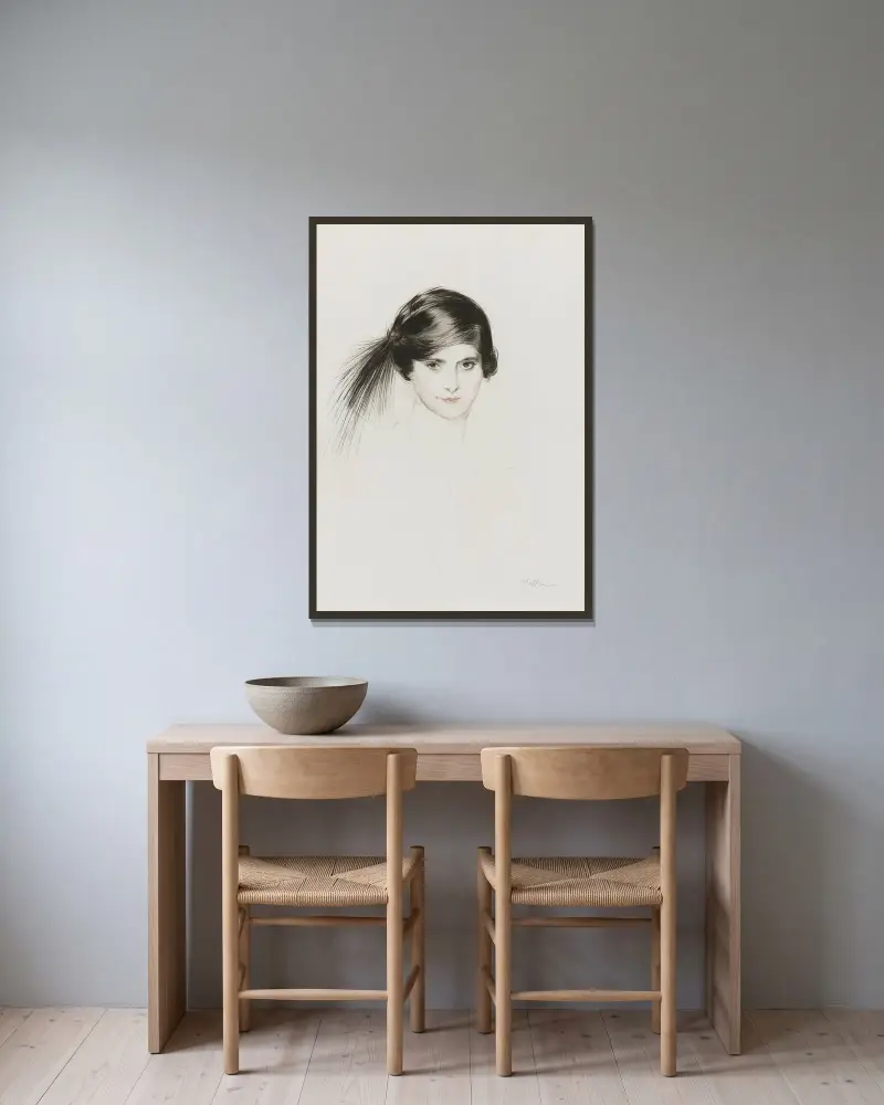 Porträtt av Helena Rubinstein med ägretfjädrar av Paul César Helleu inramad på en vägg