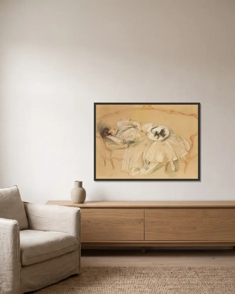 Ung kvinna på divan av Paul César Helleu inramad på en vägg