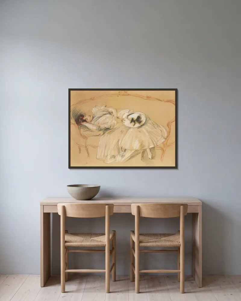 Ung kvinna på divan av Paul César Helleu inramad på en vägg