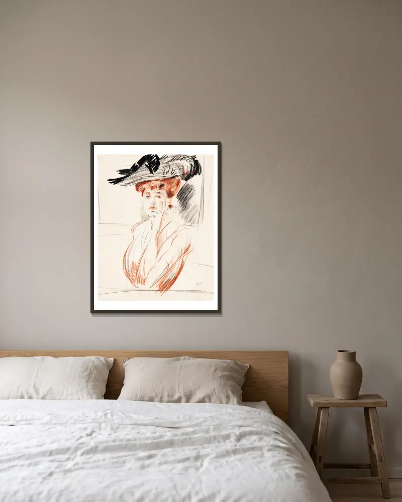 La dame au chapeau aux plumes av Paul César Helleu inramad på en vägg