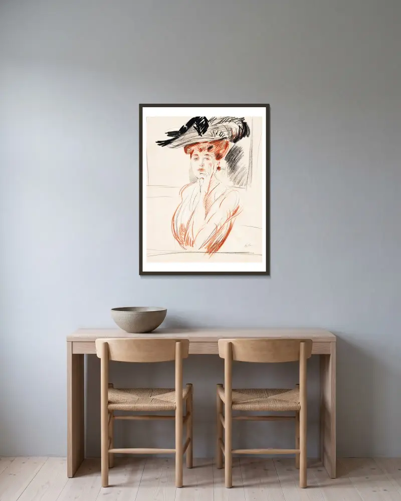 La dame au chapeau aux plumes av Paul César Helleu inramad på en vägg