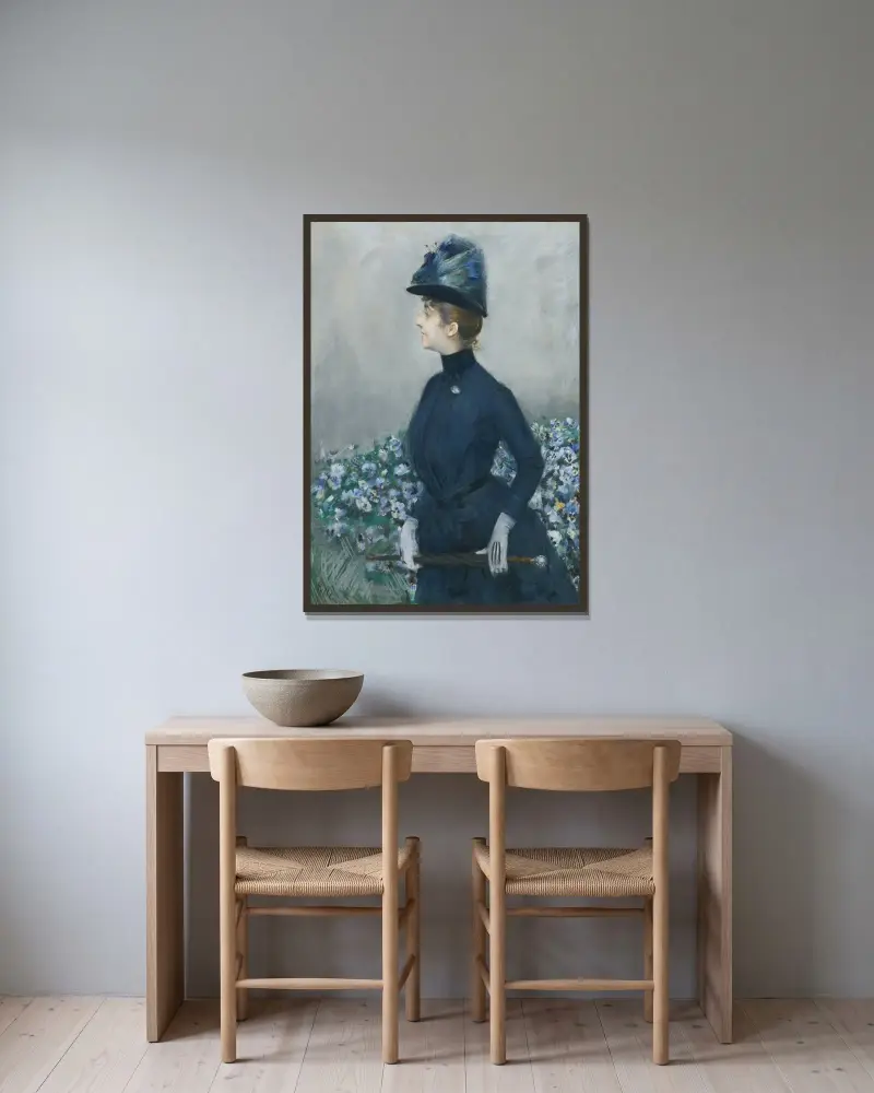 Kvinnan med blommor (Porträtt av Mathilde See) av Paul César Helleu inramad på en vägg
