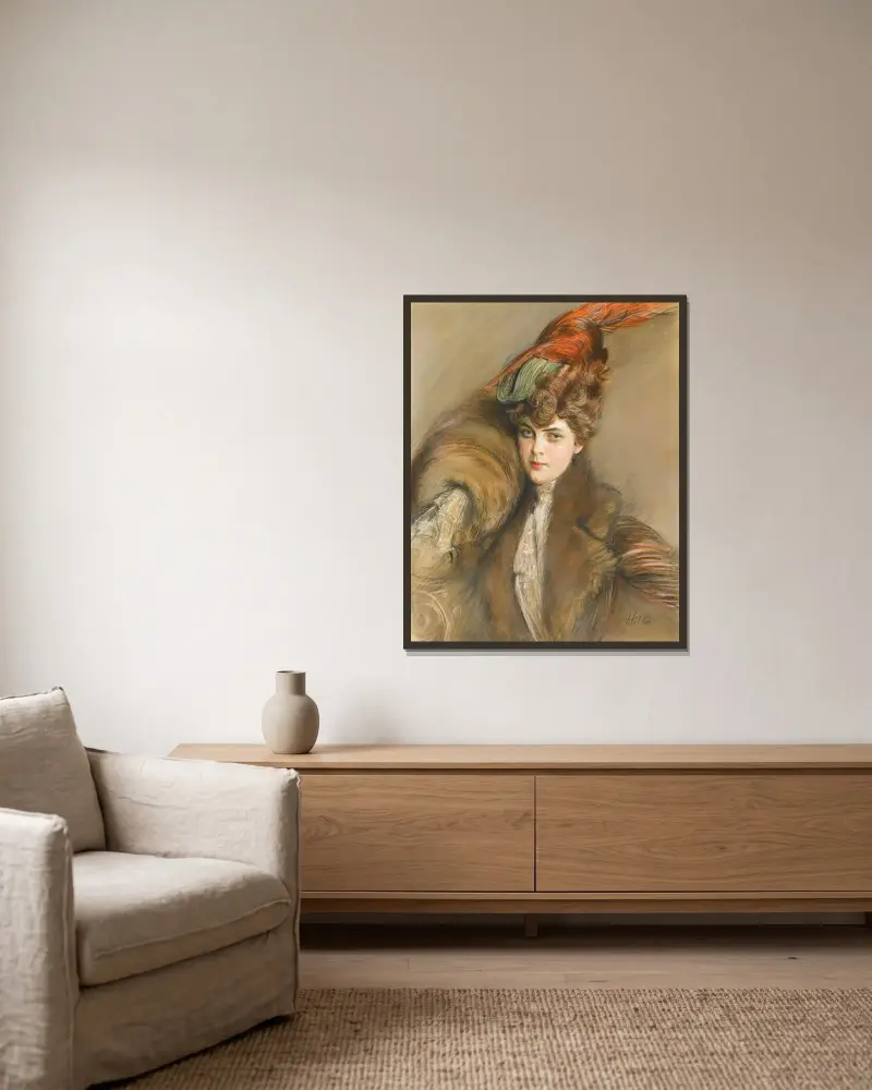 Lady In A Feather Hat av Paul César Helleu inramad på en vägg