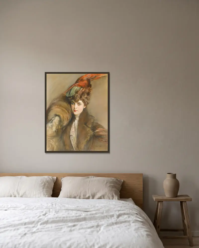 Lady In A Feather Hat av Paul César Helleu inramad på en vägg