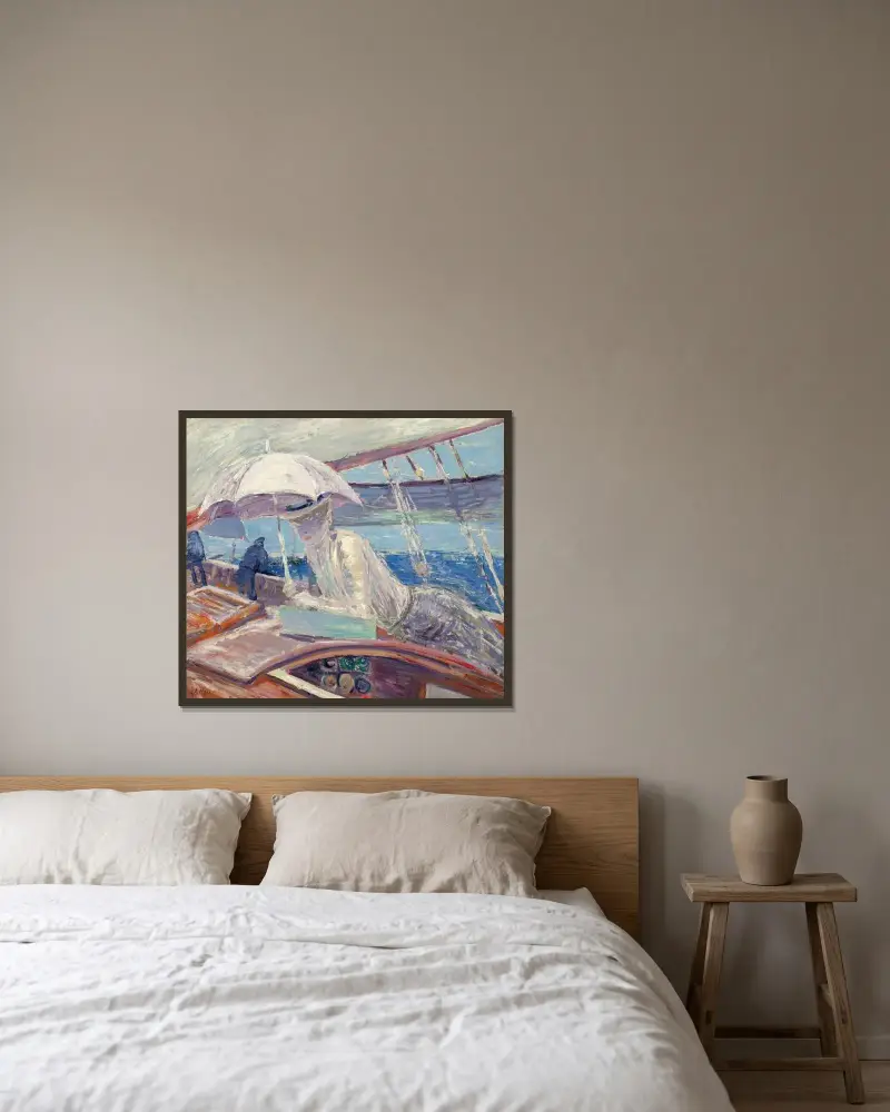 Madame Helleu ombord på yachten ”Bird” av Paul César Helleu inramad på en vägg
