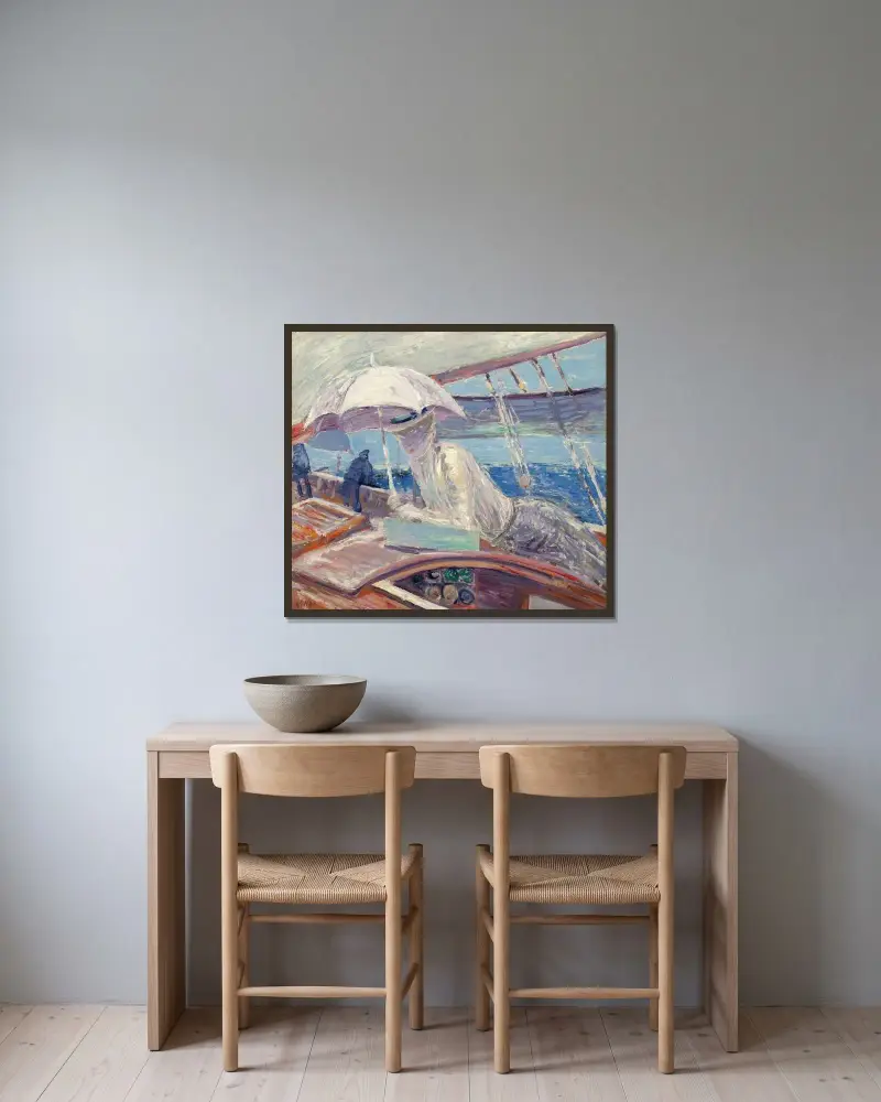 Madame Helleu ombord på yachten ”Bird” av Paul César Helleu inramad på en vägg