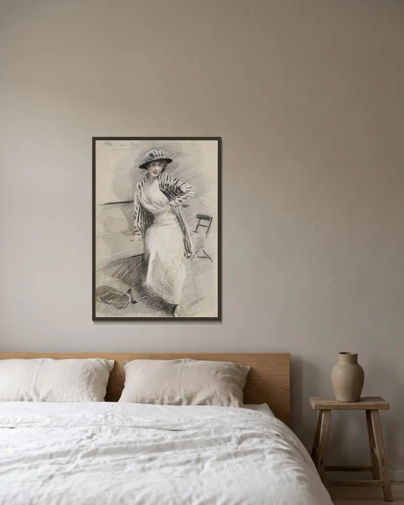 Madame Paris sittande på en bänk av Paul César Helleu inramad på en vägg