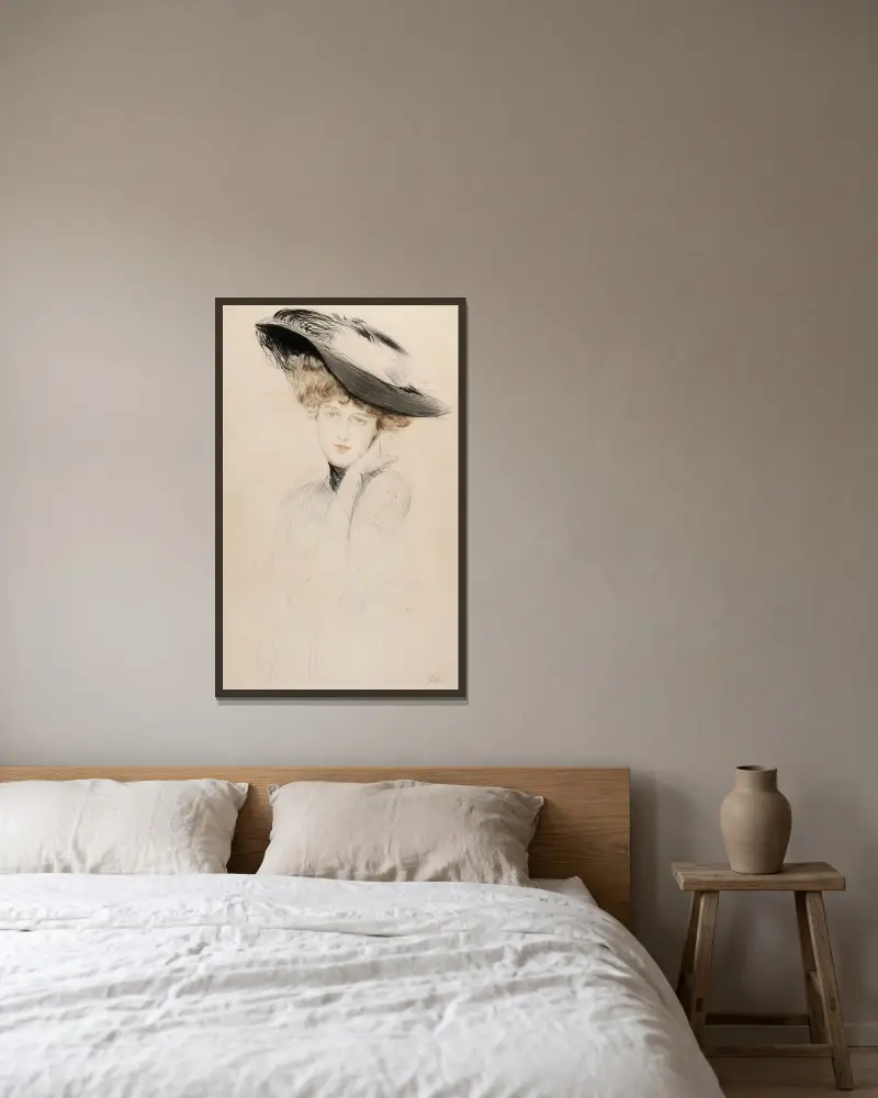 Damenbildnis mit Hut von Paul César Helleu gerahmt an einer Wand