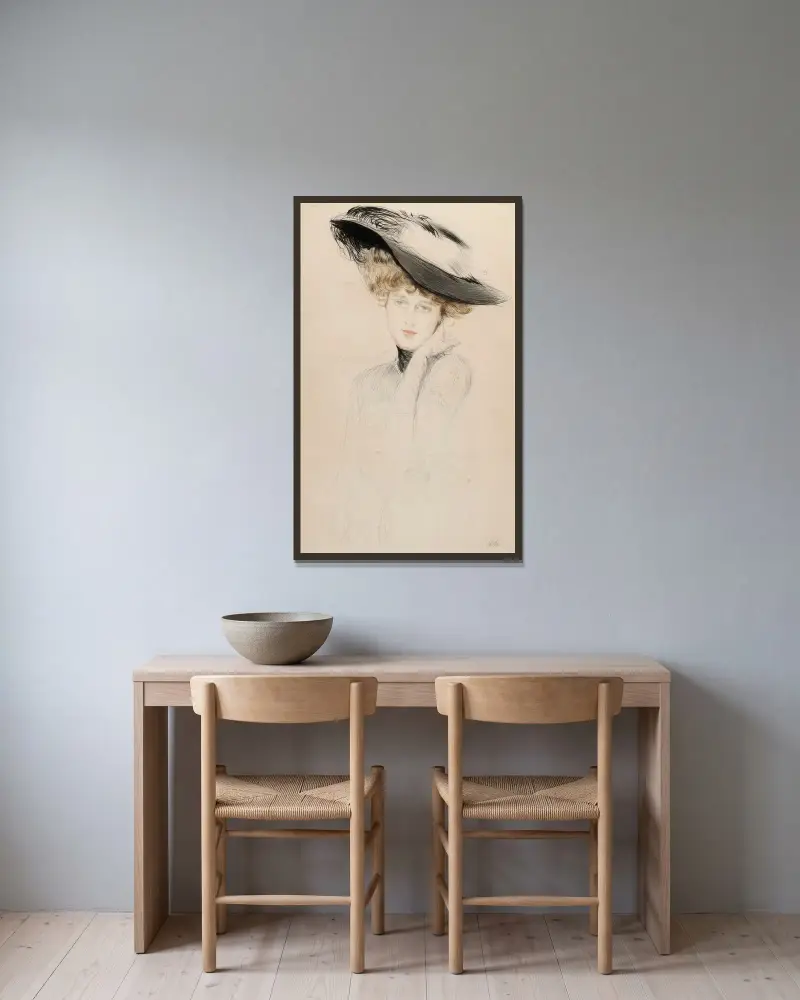Damenbildnis mit Hut von Paul César Helleu gerahmt an einer Wand