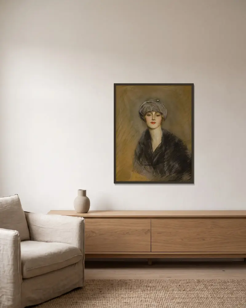 Porträtt av Lucette med hatt av Paul César Helleu inramad på en vägg