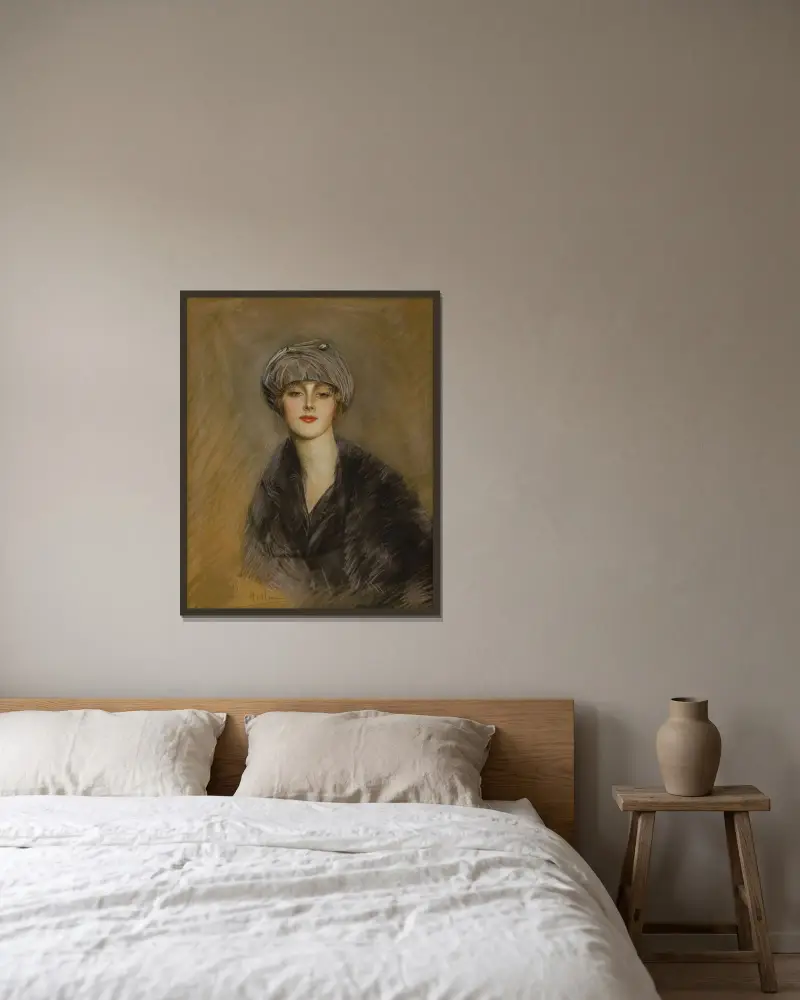 Porträtt av Lucette med hatt av Paul César Helleu inramad på en vägg