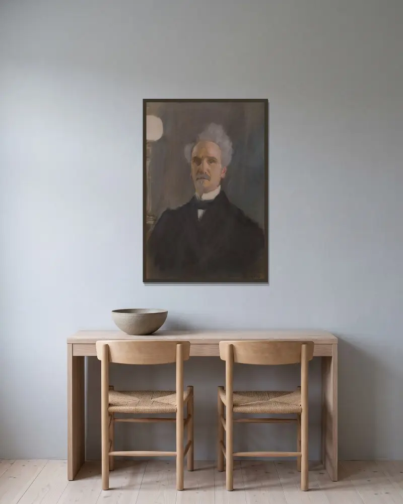 Porträtt av Henri Rochefort (1830–1913) av Paul César Helleu inramad på en vägg