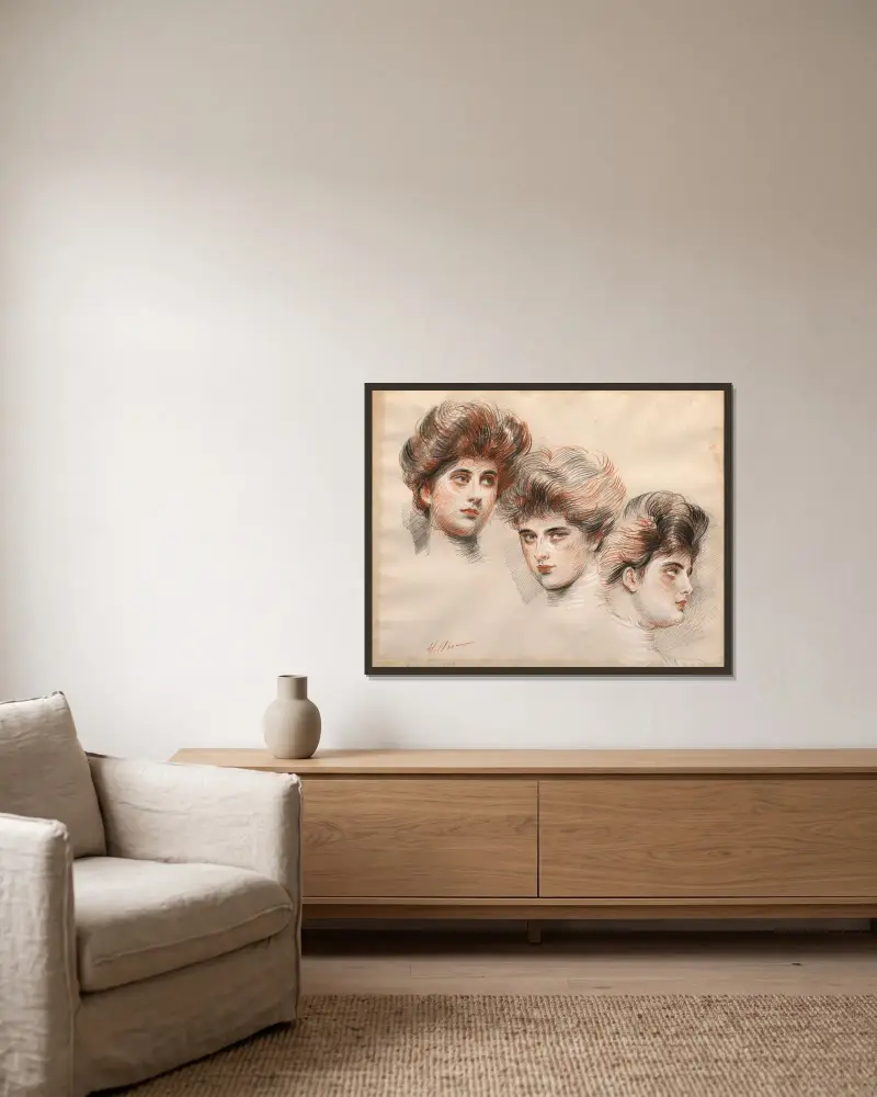 Bildnis der Yvonne Avollée, von vorn, im Profil nach rechts und nach links von Paul César Helleu gerahmt an einer Wand