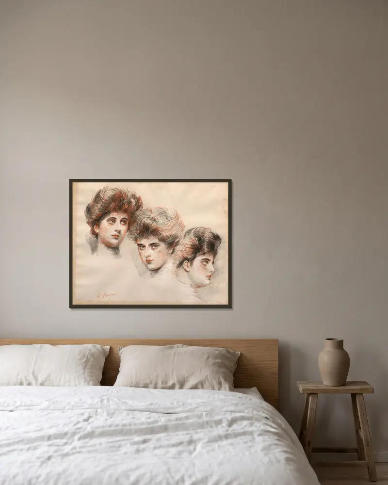 Bildnis der Yvonne Avollée, von vorn, im Profil nach rechts und nach links von Paul César Helleu gerahmt an einer Wand