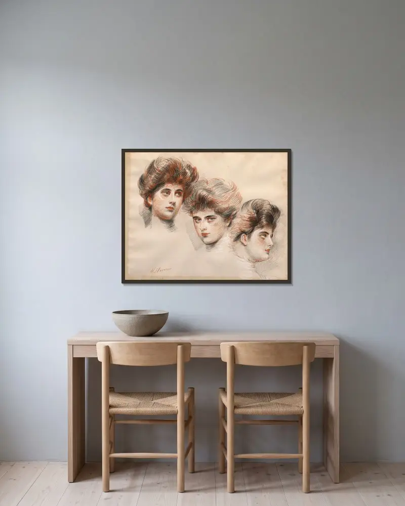 Bildnis der Yvonne Avollée, von vorn, im Profil nach rechts und nach links von Paul César Helleu gerahmt an einer Wand