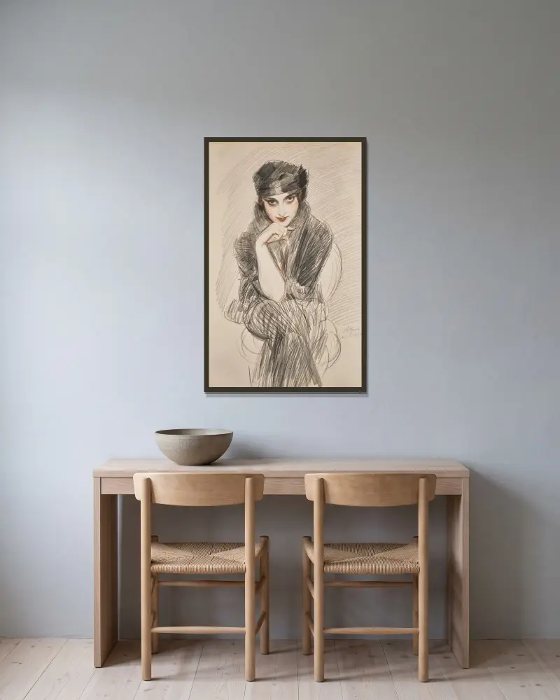 Porträtt av en dam, möjligen Madame Van Cleef (född Lopez Penna Hebe) av Paul César Helleu inramad på en vägg