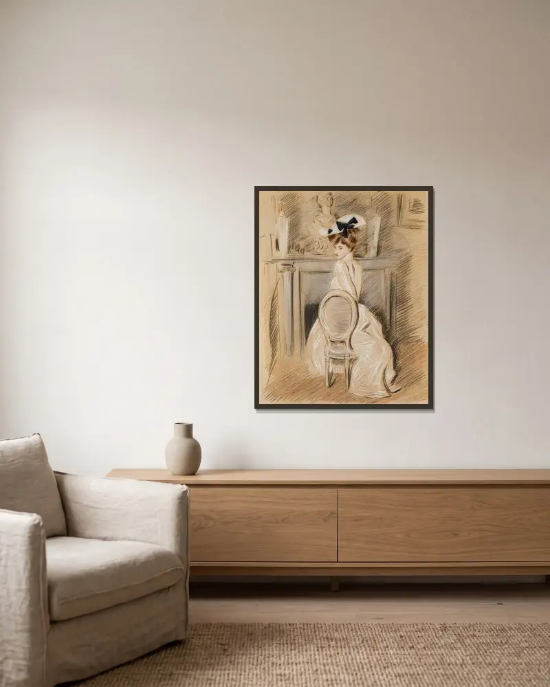 Porträt von Alice Helleu vor dem Kamin von Paul César Helleu gerahmt an einer Wand