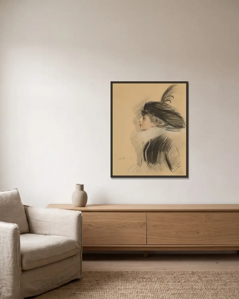 Porträtt av Belle da Costa Greene av Paul César Helleu inramad på en vägg