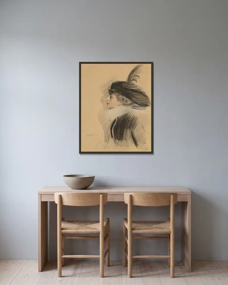 Porträtt av Belle da Costa Greene av Paul César Helleu inramad på en vägg