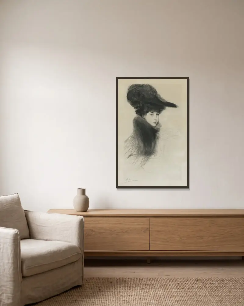 Porträtt av Consuelo Vanderbilt, hertiginnan av Marlborough av Paul César Helleu inramad på en vägg