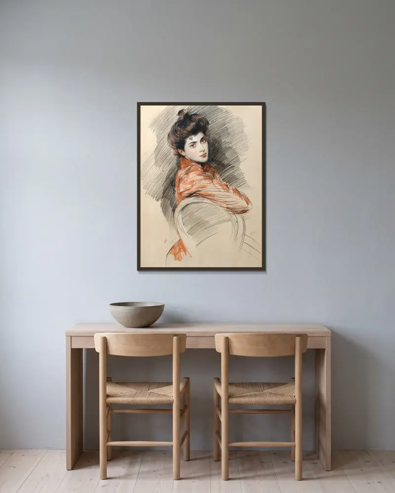 Porträtt av Elisabeth Van Biema av Paul César Helleu inramad på en vägg