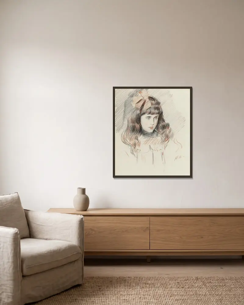 Porträtt av Ellen Helleu, konstnärens dotter av Paul César Helleu inramad på en vägg