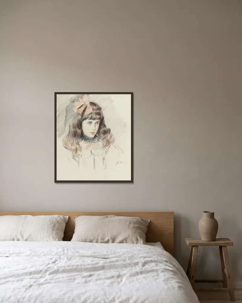 Porträtt av Ellen Helleu, konstnärens dotter av Paul César Helleu inramad på en vägg