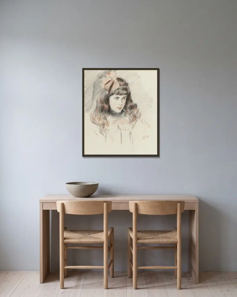 Porträtt av Ellen Helleu, konstnärens dotter av Paul César Helleu inramad på en vägg