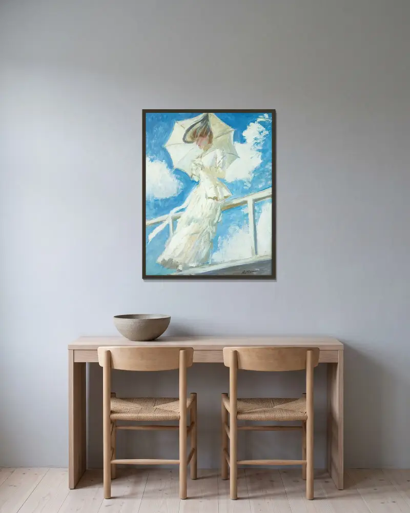 Porträtt av Mrs Helleu med parasoll av Paul César Helleu inramad på en vägg