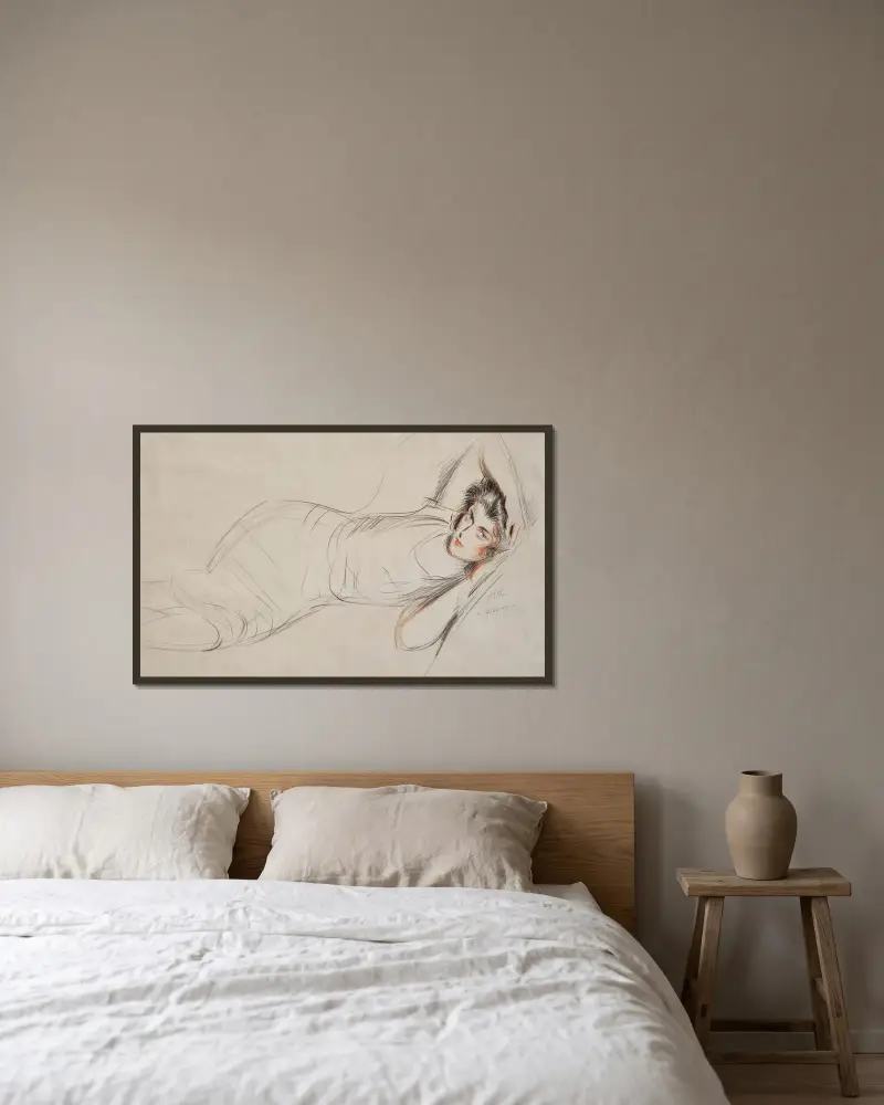 Porträtt av Yvonne Alexandre de Boismartin av Paul César Helleu inramad på en vägg