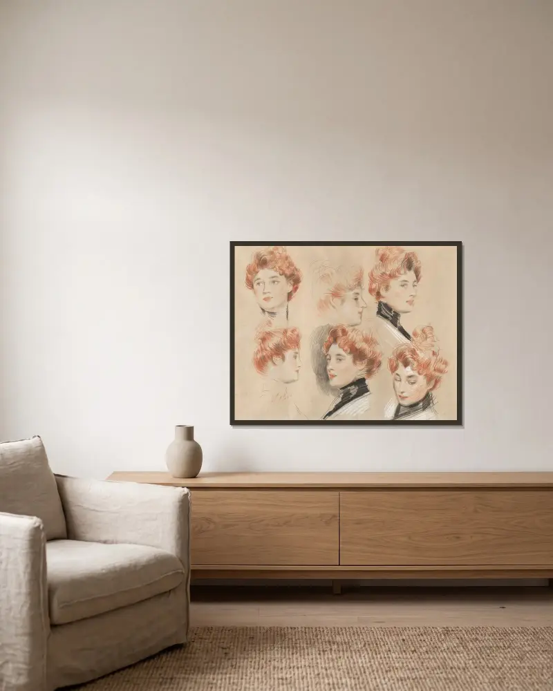 Sechs Studien des Kopfes einer Dame, traditionell als Mrs. Gertrude Vanderbilt Whitney identifiziert von Paul César Helleu gerahmt an einer Wand