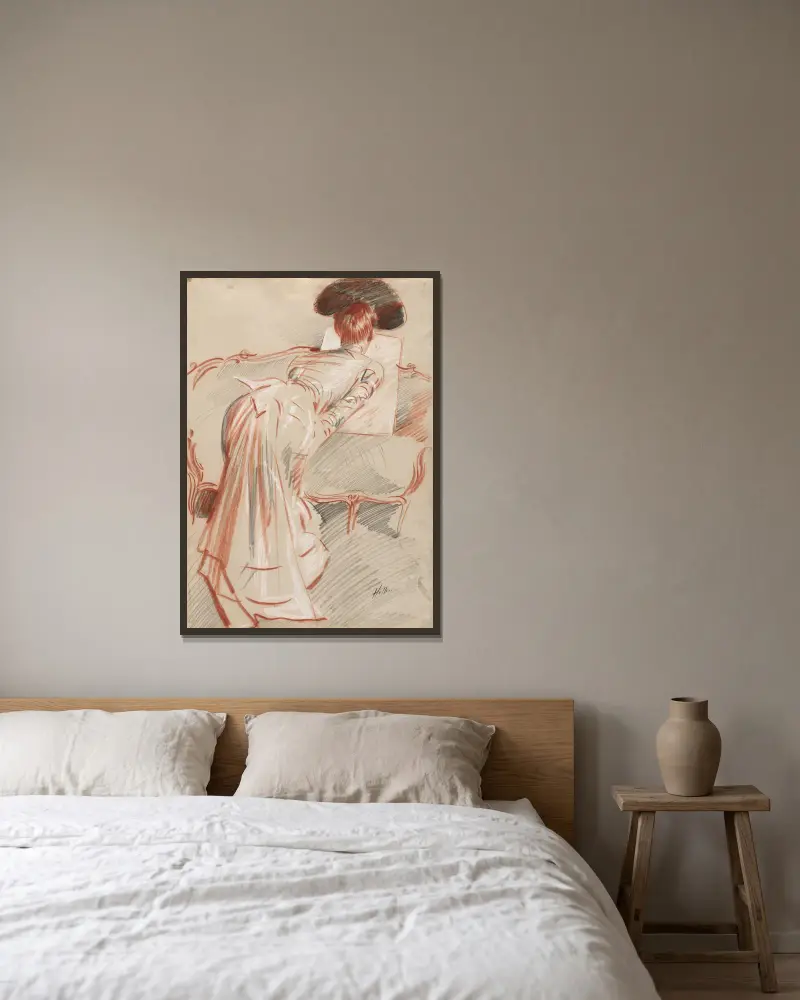 Woman (Possibly Madame Alice Hellu) Looking at a Drawing av Paul César Helleu inramad på en vägg