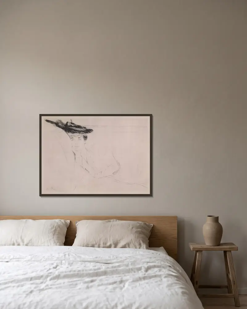 Kvinna liggande på en soffa av Paul César Helleu inramad på en vägg