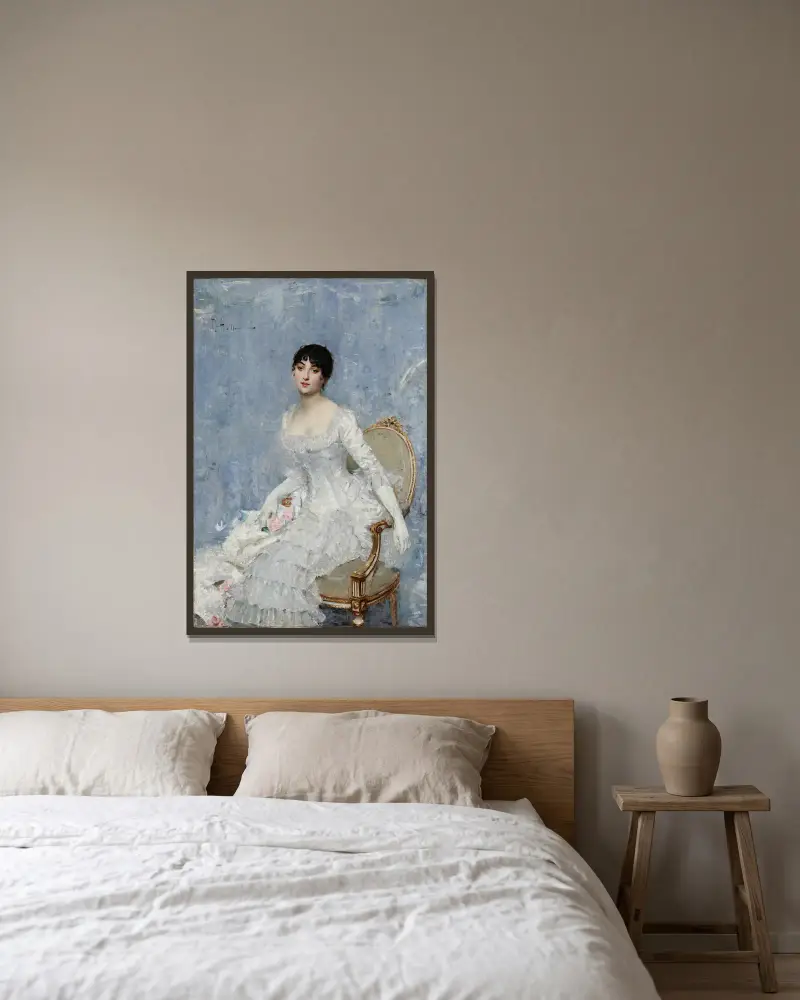 Young Lady in White av Paul César Helleu inramad på en vägg
