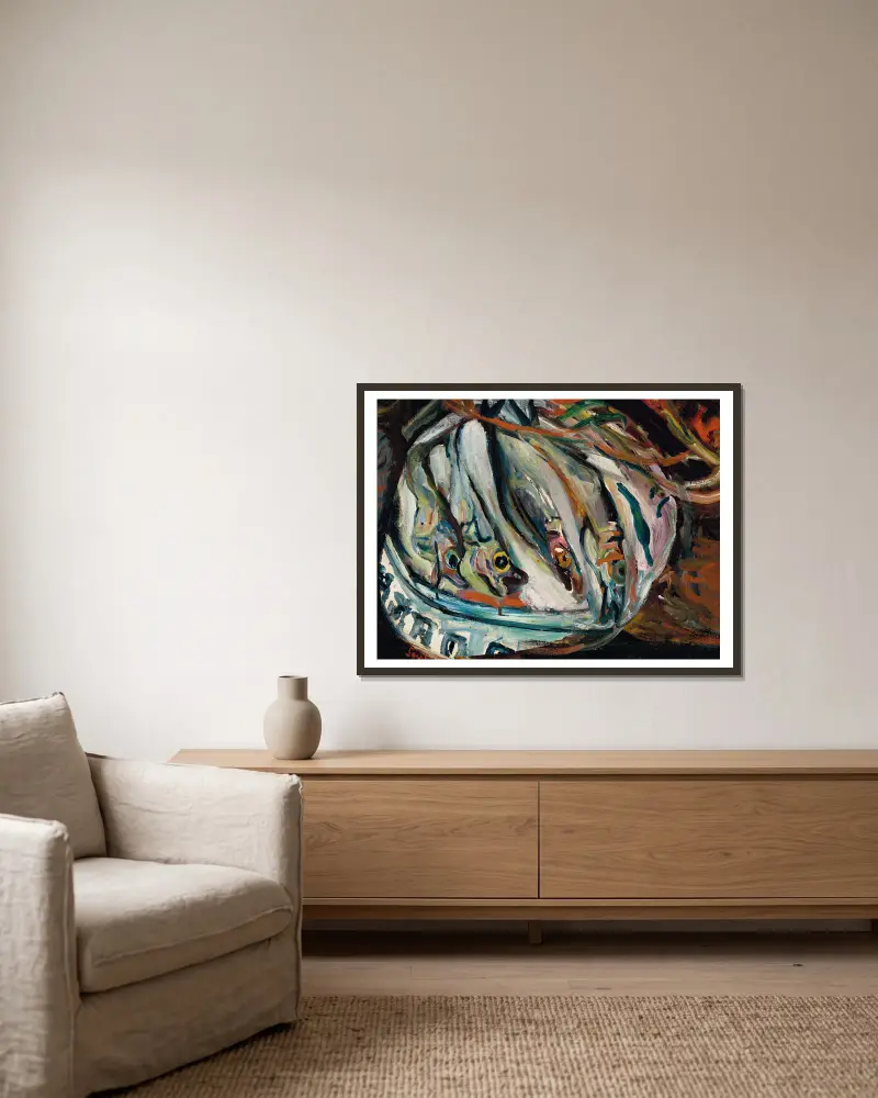 Stillleben mit Fischen von Chaïm Soutine gerahmt an einer Wand