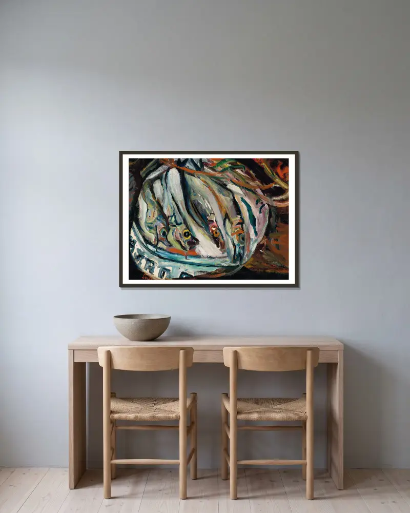 Stillleben mit Fischen von Chaïm Soutine gerahmt an einer Wand
