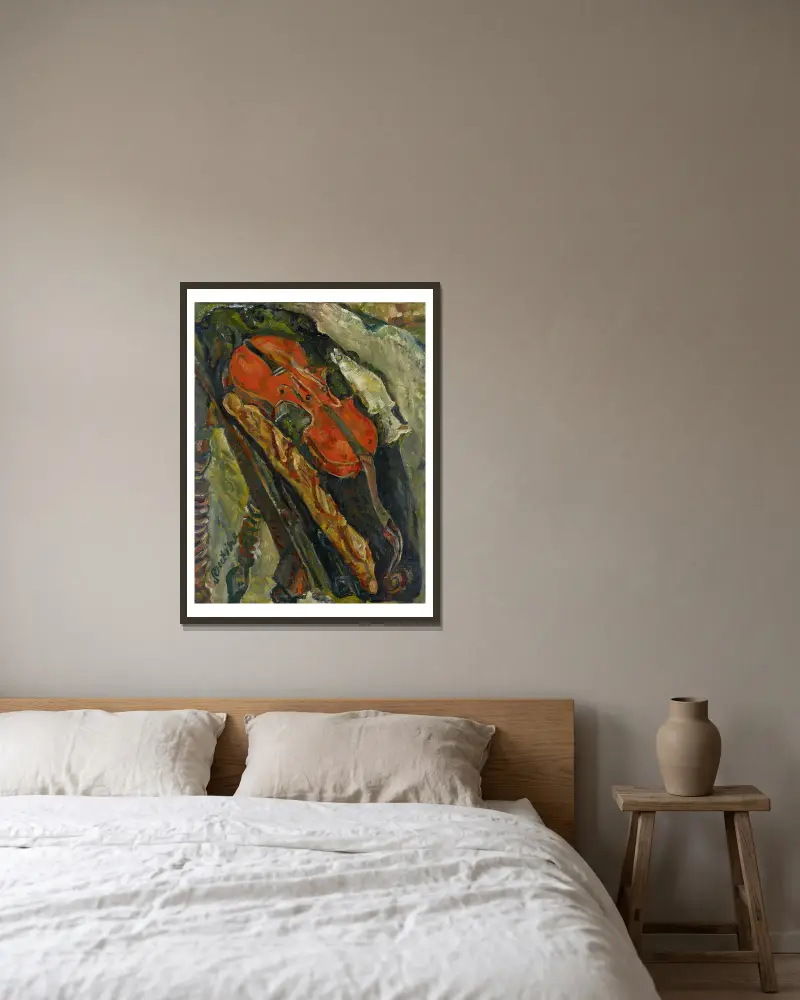 Zátiší s houslemi, chlebem a rybou, Chaïm Soutine v rámu na stěně
