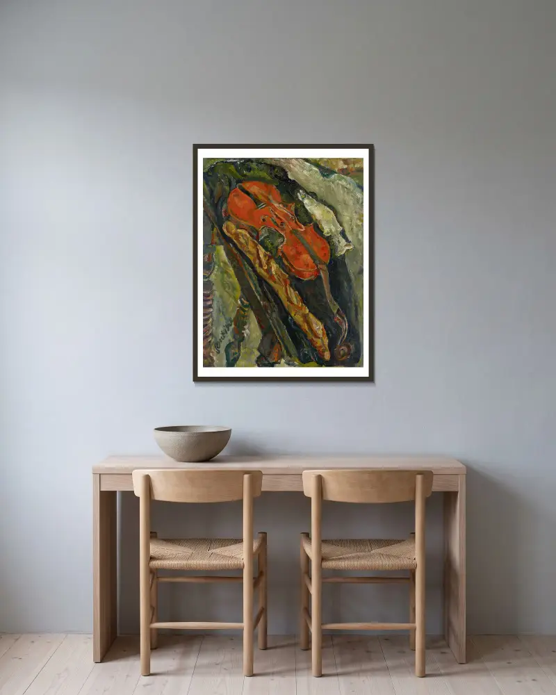 Zátiší s houslemi, chlebem a rybou, Chaïm Soutine v rámu na stěně
