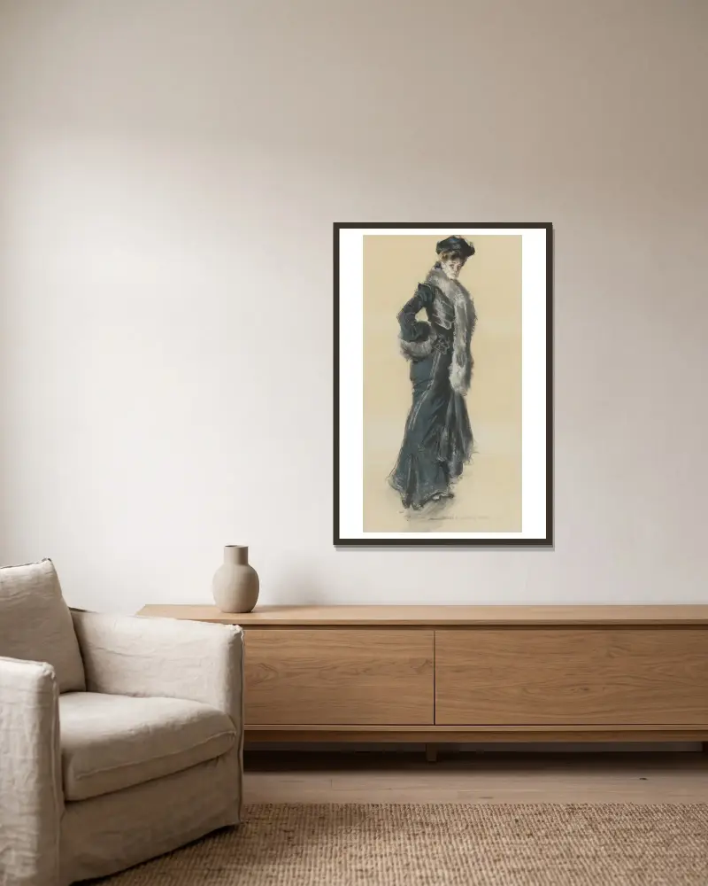 An Elegant Lady in a Fur-Trimmed Coat av Howard Chandler Christy inramad på en vägg