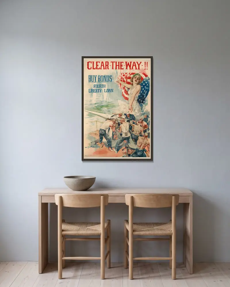Clear the Way !!. Buy bonds. Fourth Liberty loan av Howard Chandler Christy inramad på en vägg