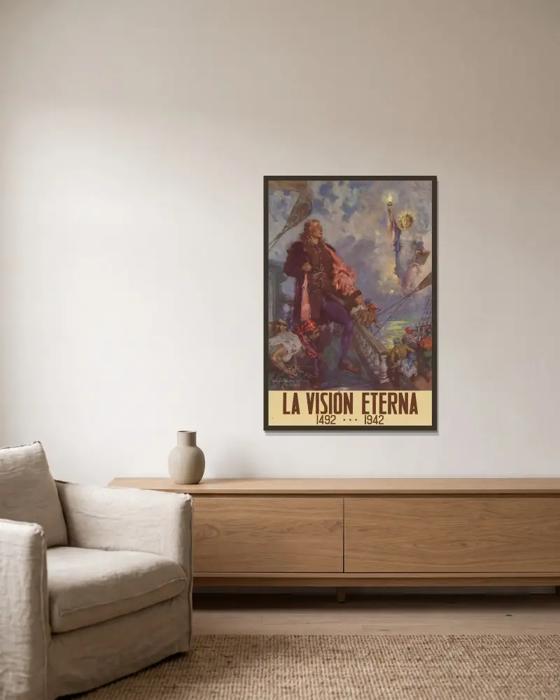 La Vision Eterna, 1492…1942 av Howard Chandler Christy inramad på en vägg